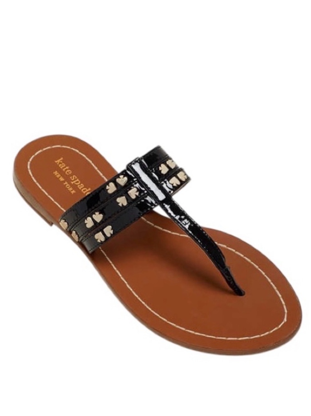 Kate Spade Carol Spade Stud Black Patent T Strap Flat Sandals Size 7.5M